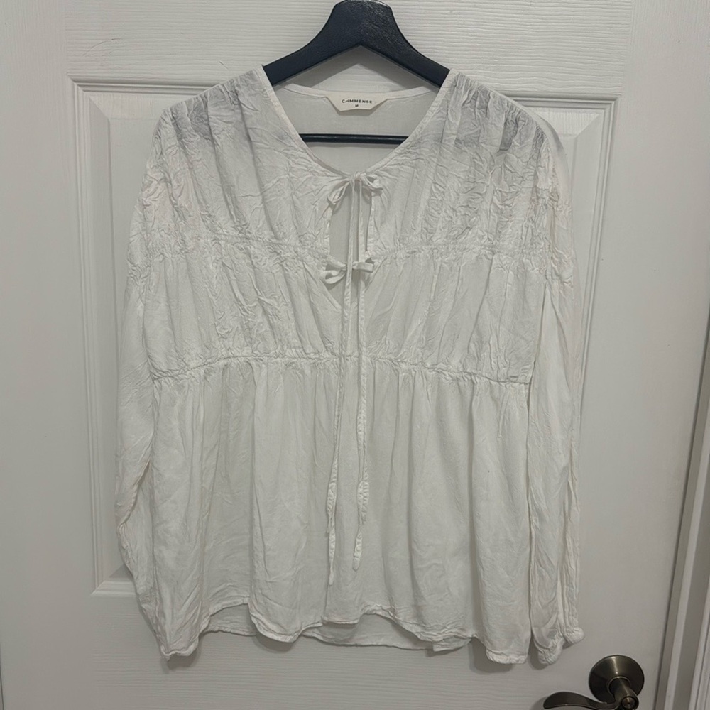 Commense women’s linen blend tie front Krinkle long sleeve blouse